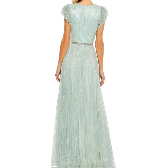 NWT Mac Duggal 5502 Green Sequined Wrap Over Ruffled Cap Sleeve Gown Green 8 - Picture 11 of 11